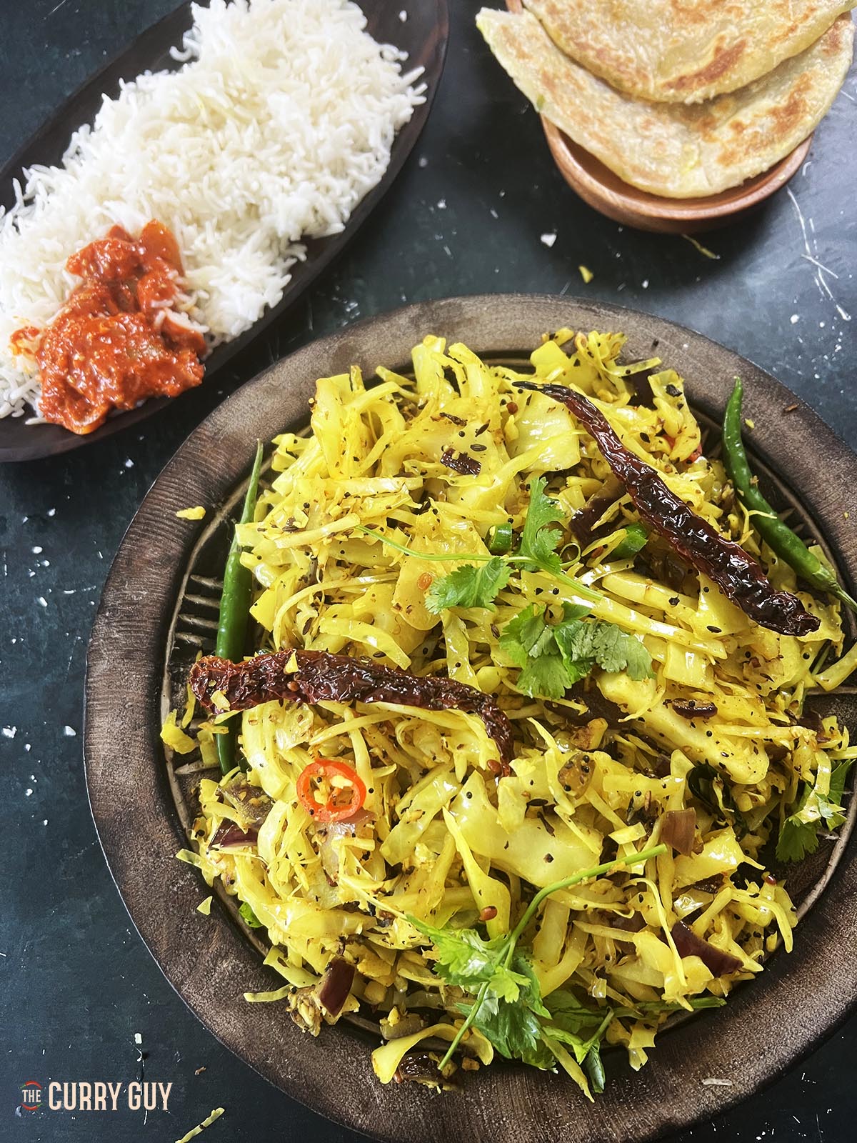 Cabbage thoran in a serving bowl.