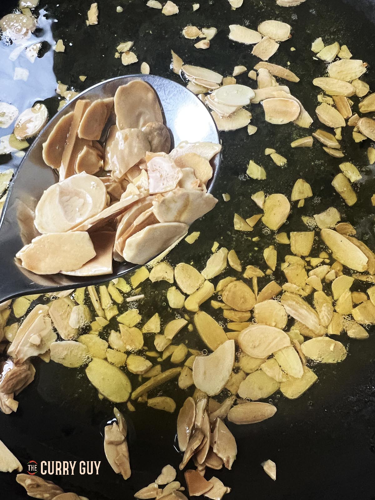 Fried almond flakes.