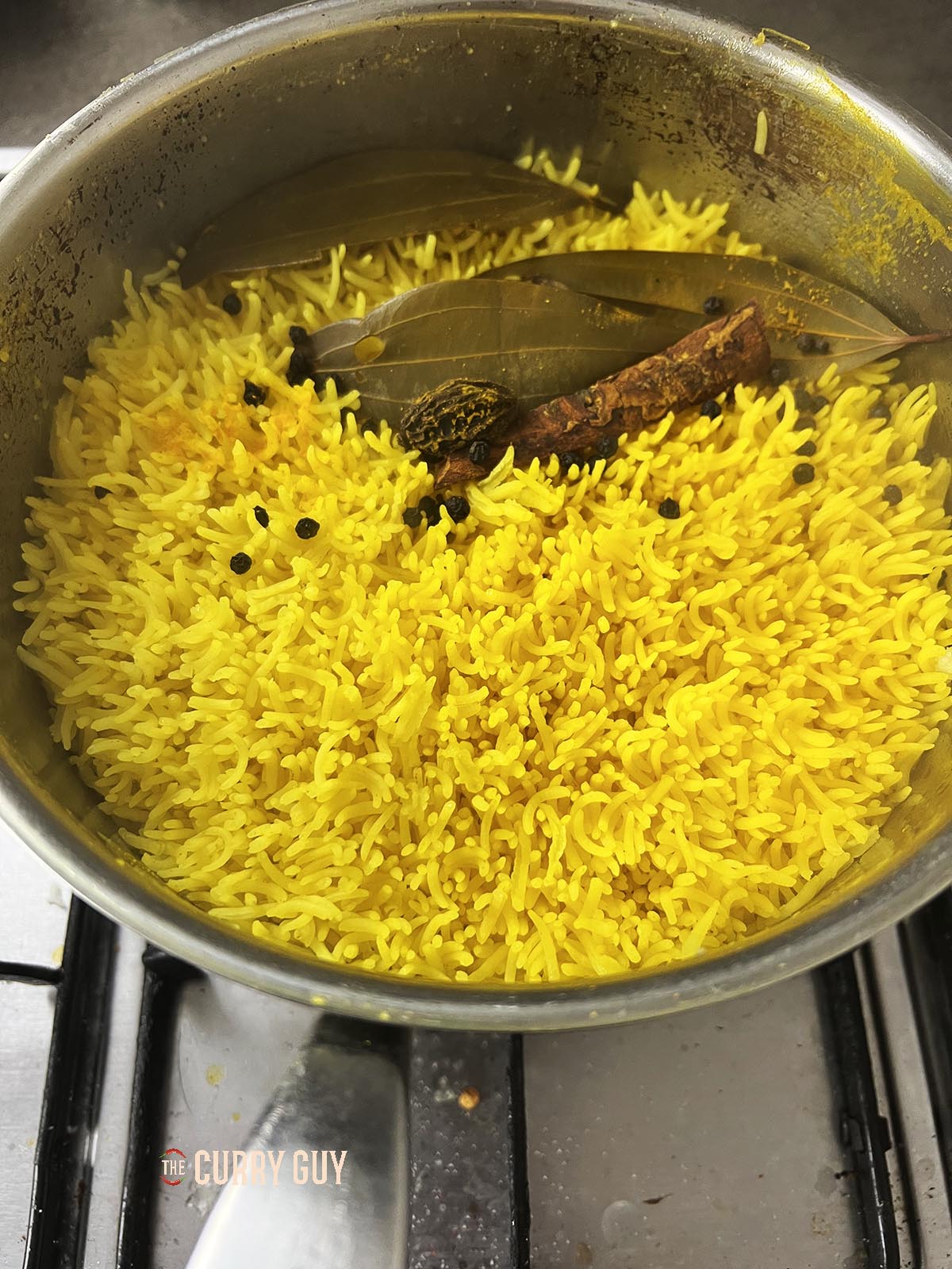 The steamed rice in a pan.