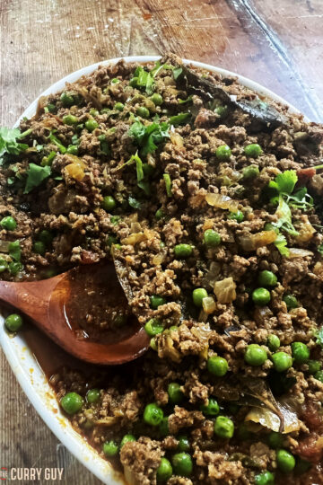 keema mattar in a serving dish.