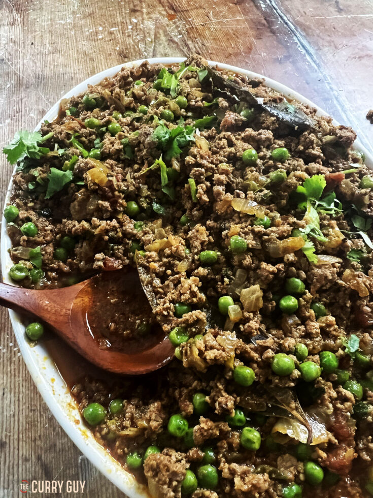 keema mattar in a serving dish.