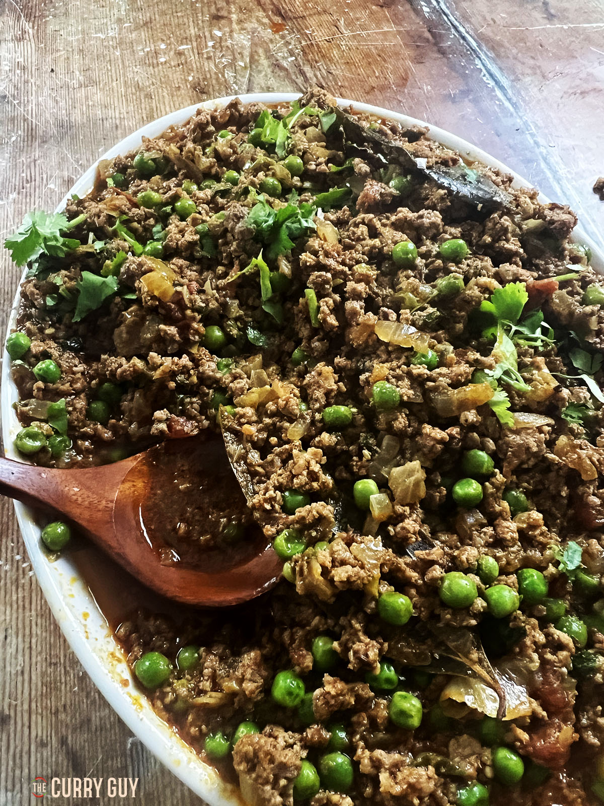 keema mattar in a serving dish.
