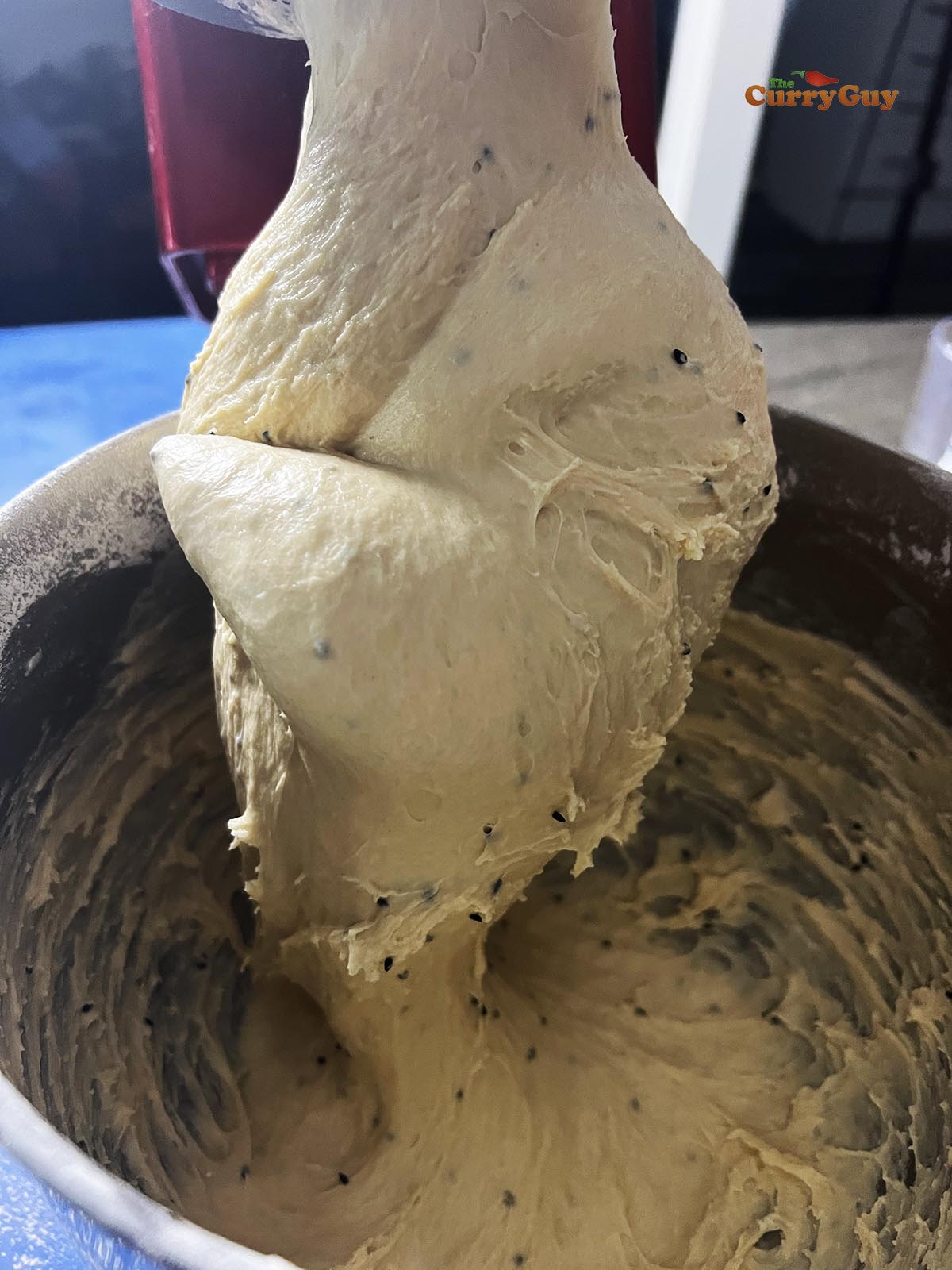 Dough coming together in the mixer.