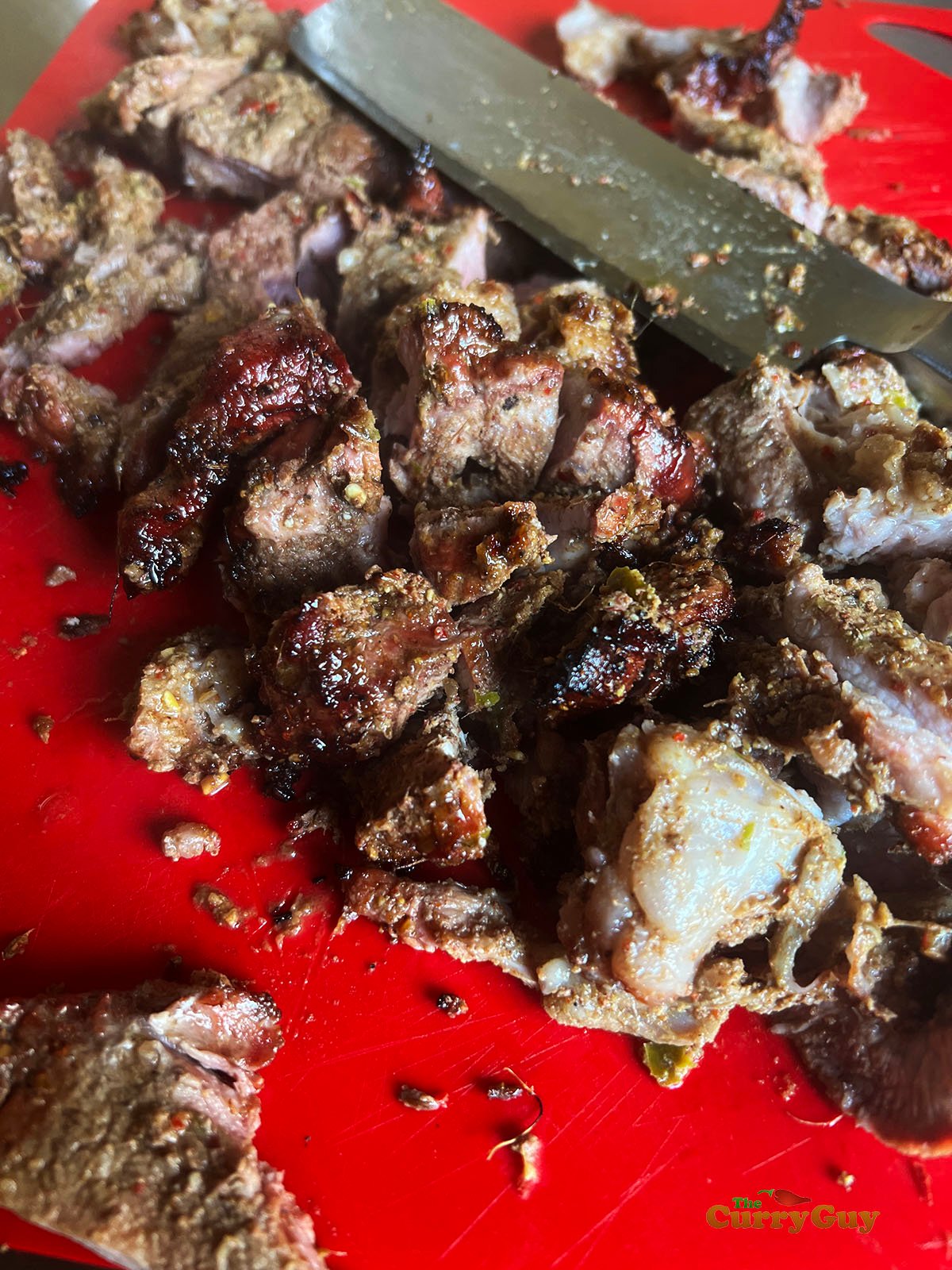 Cooked pork cut into bite sized pieces.