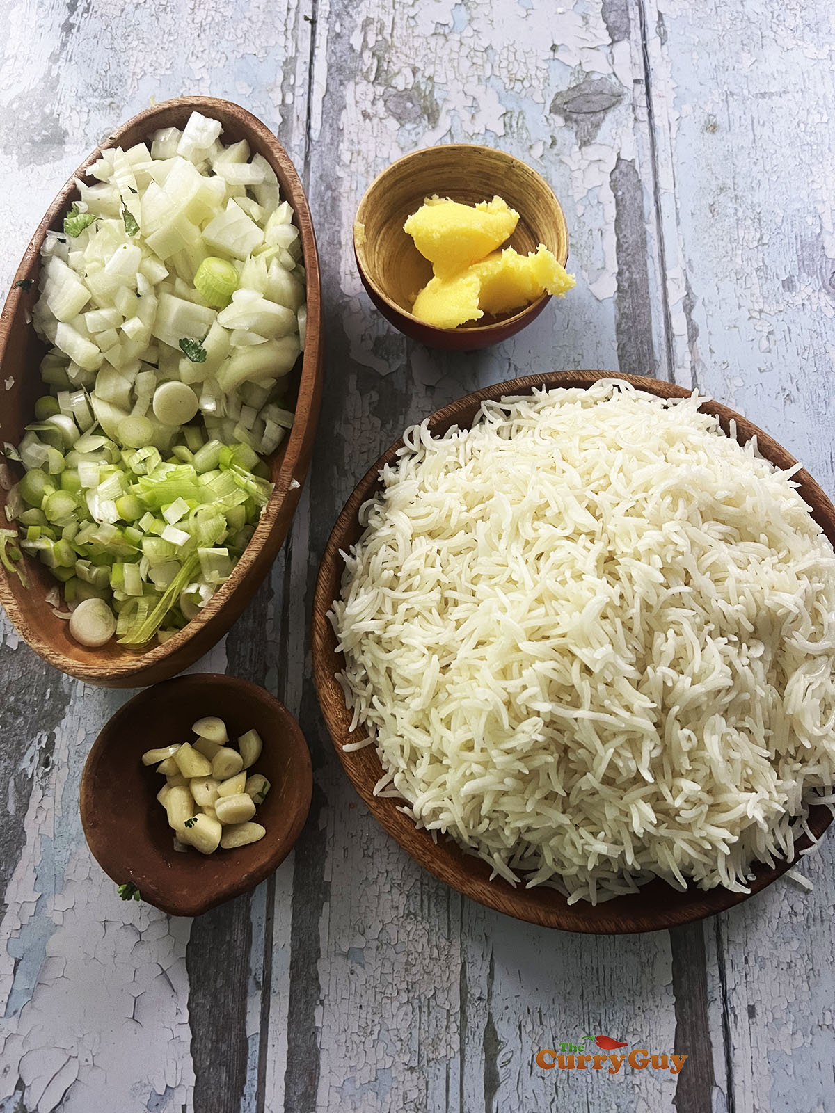 Ingredients for onion fried rice.