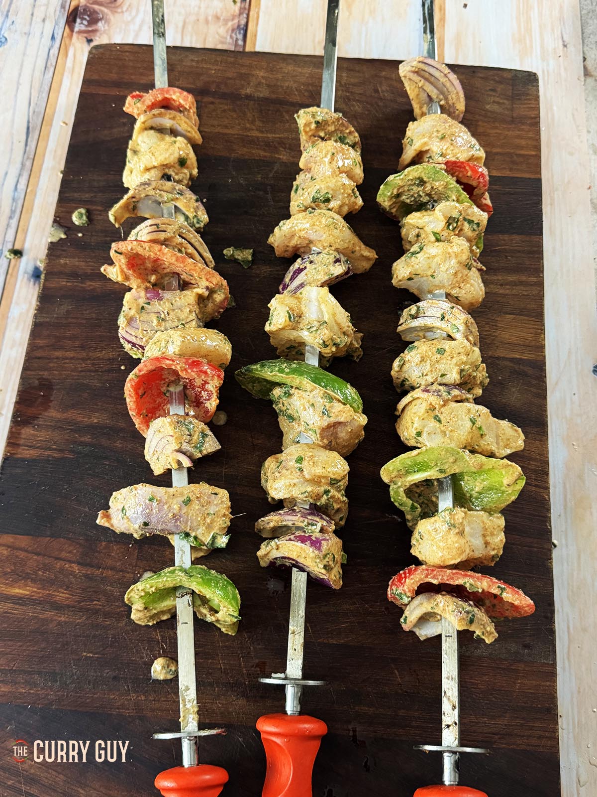 The skewered monkfish and vegetables. 