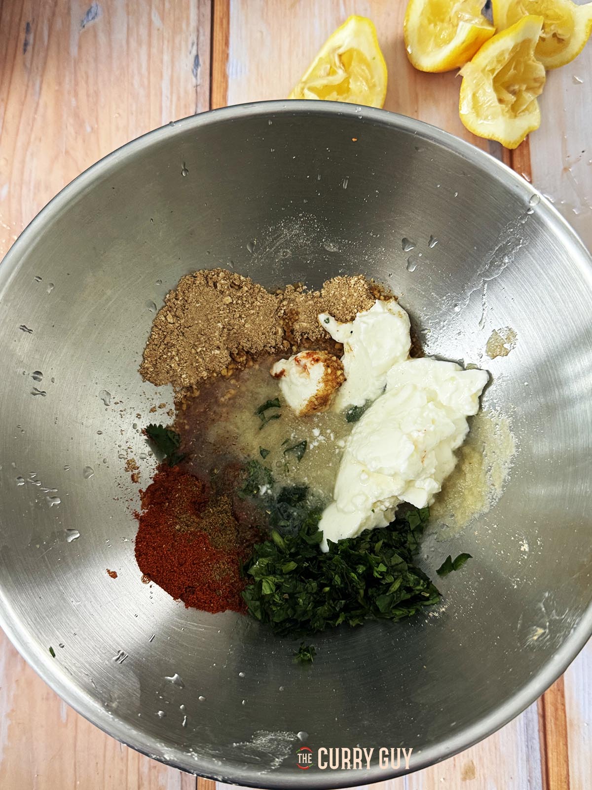 The ingredients for the marinade in a mixing bowl.
