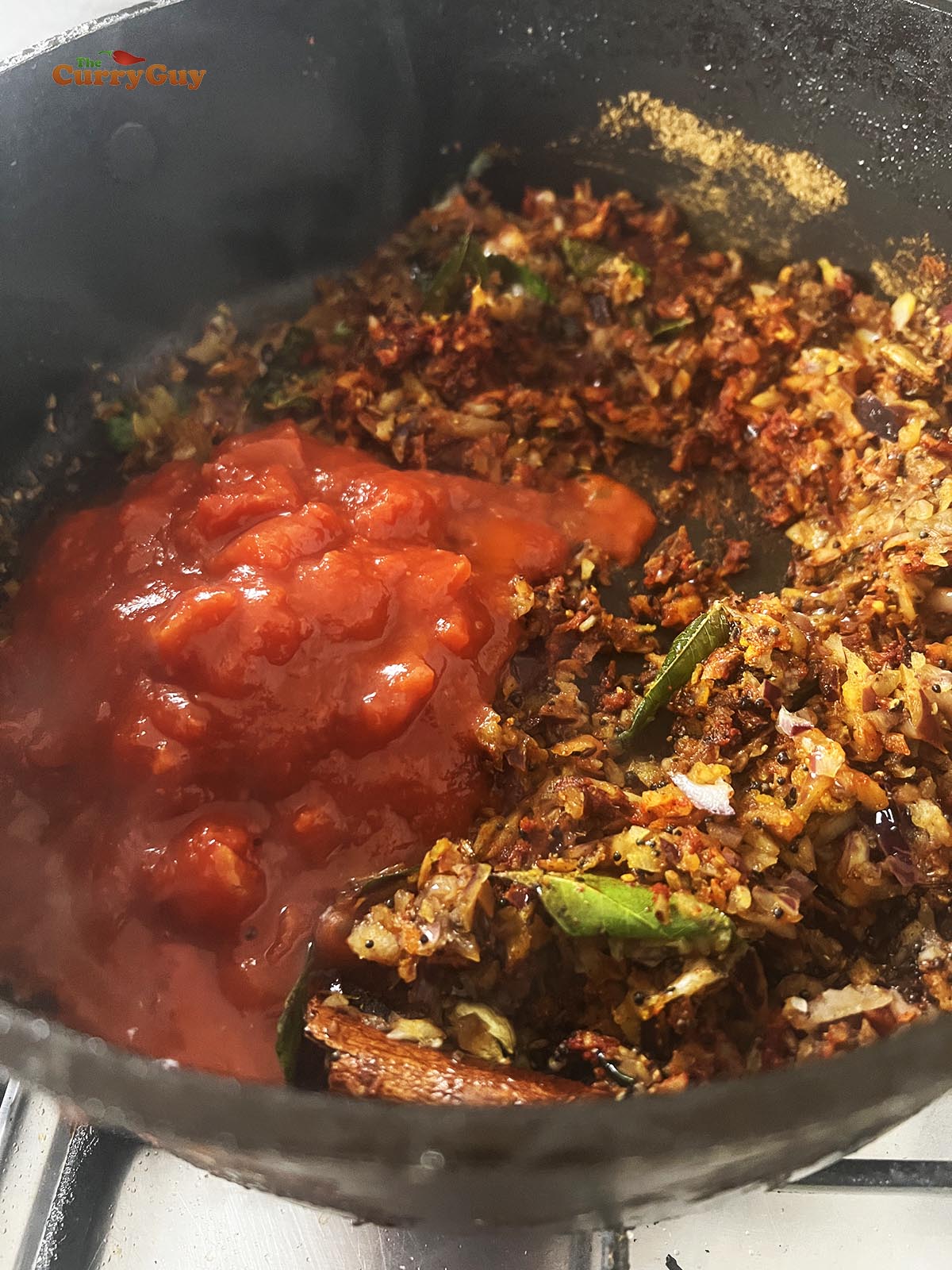 Stirring the garlic and ginger paste, chillies, ground spices and tomatoes into the pan.