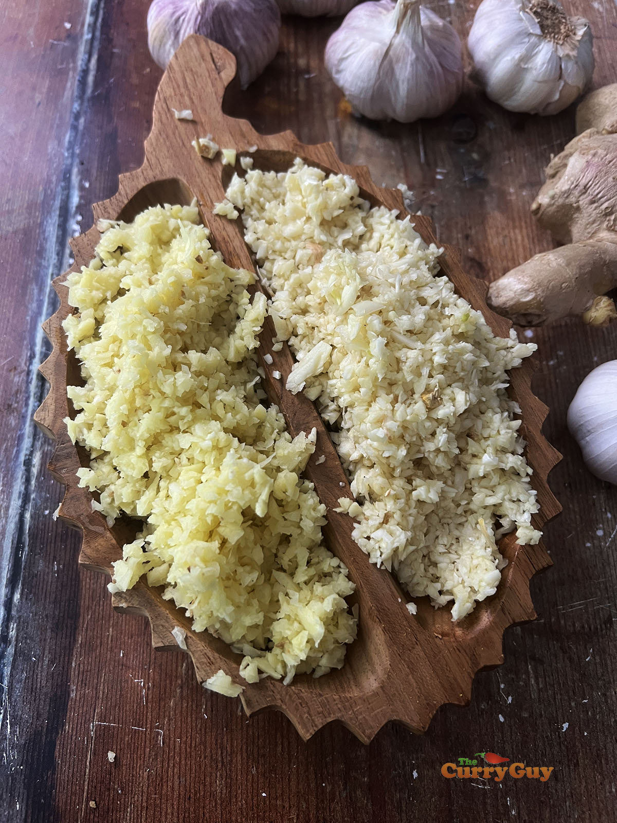 Finely chopped garlic and ginger.