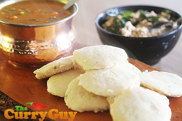 Idlis with sambar and fresh coconut chutney