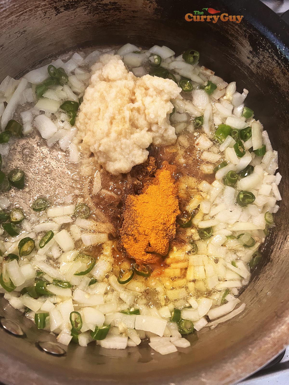Adding garlic and ginger paste and spices to pan