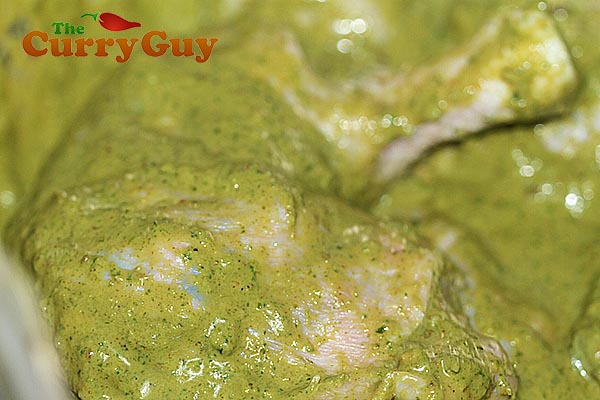 Chicken marinating in the finished marinade.