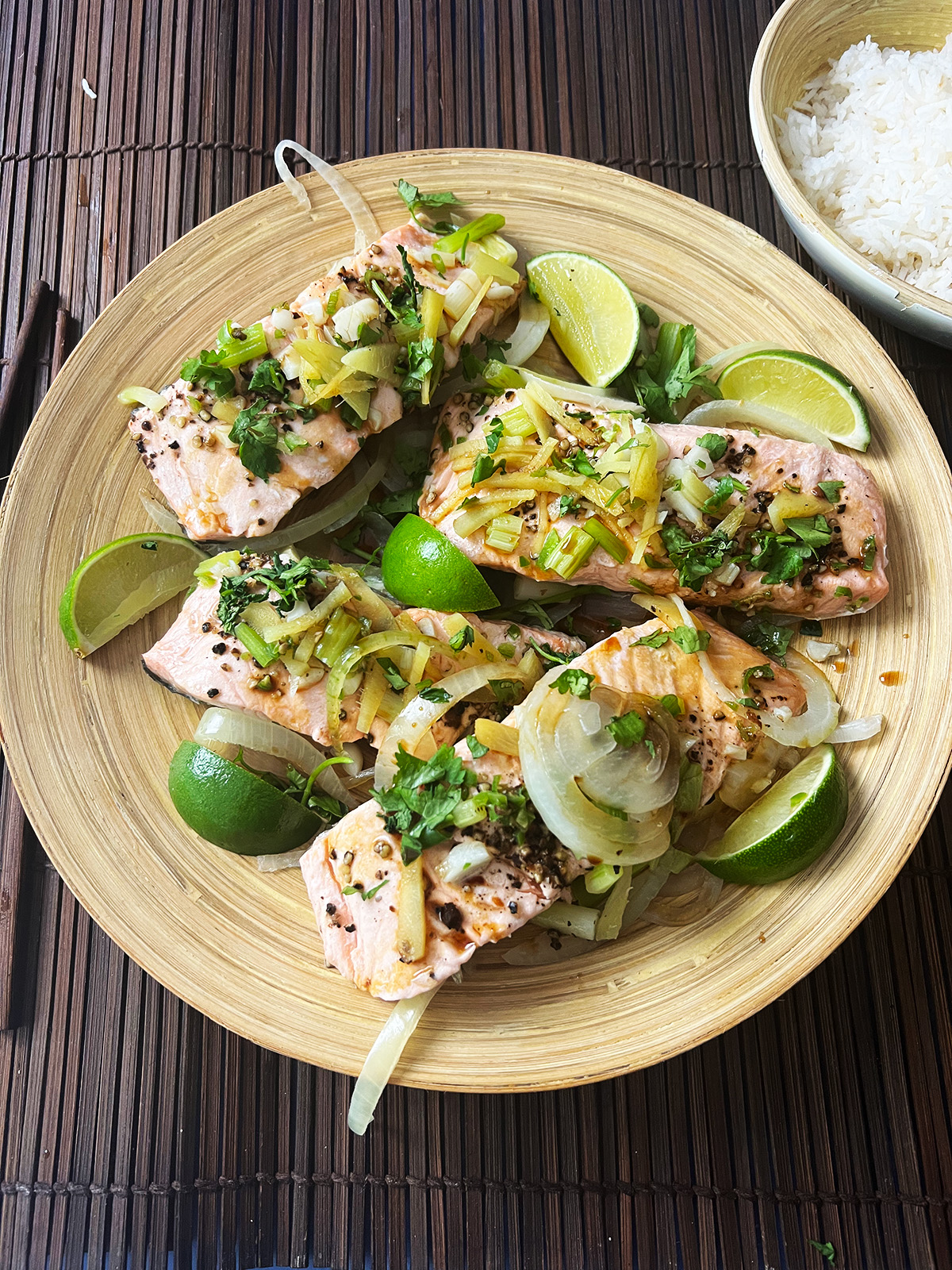 Steamed salmon on serving plate