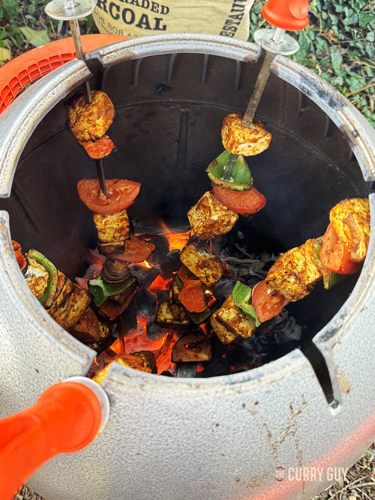 The paneer cooked and ready to be brought out of the tandoor oven.