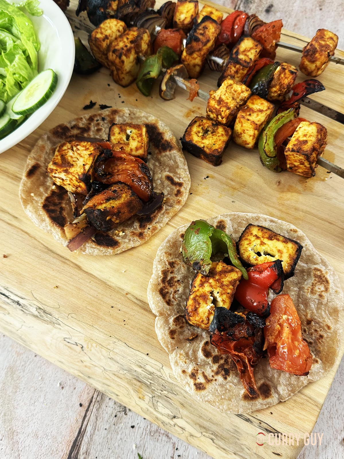 Panner and vegetables on a chapatti.