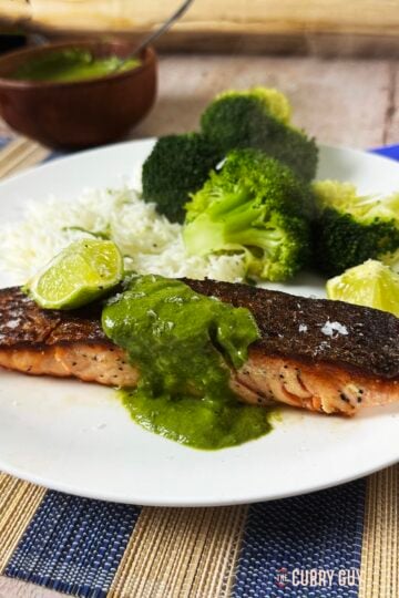 Crispy skin salmon on a serving plate garnished with green coriander and cashew sauce.