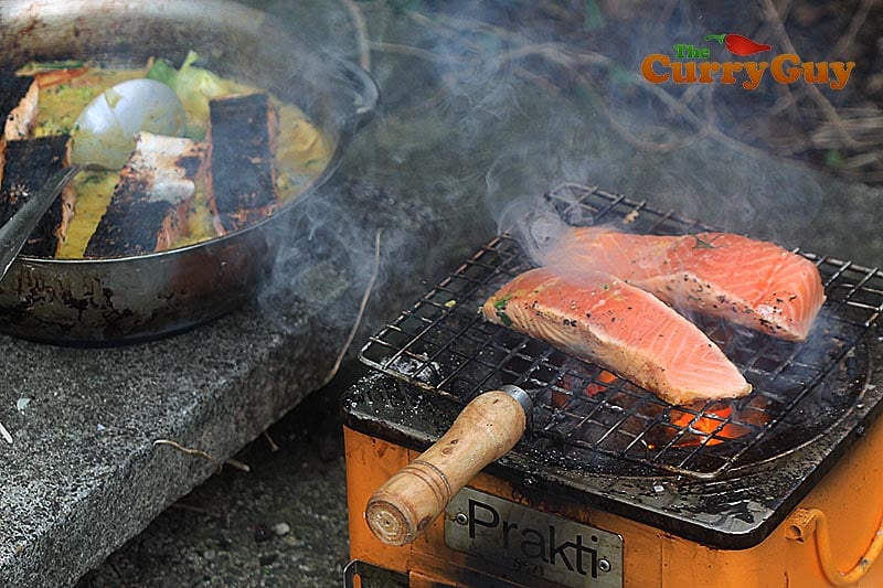 Making salmon curry