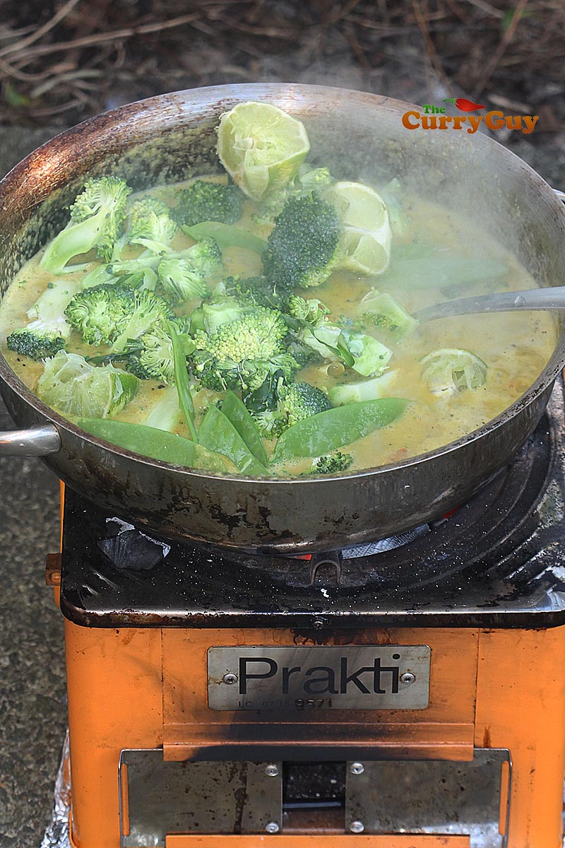 Broccoli and mange tous was added to the hot sauce to par cook while I grilled the salmon.