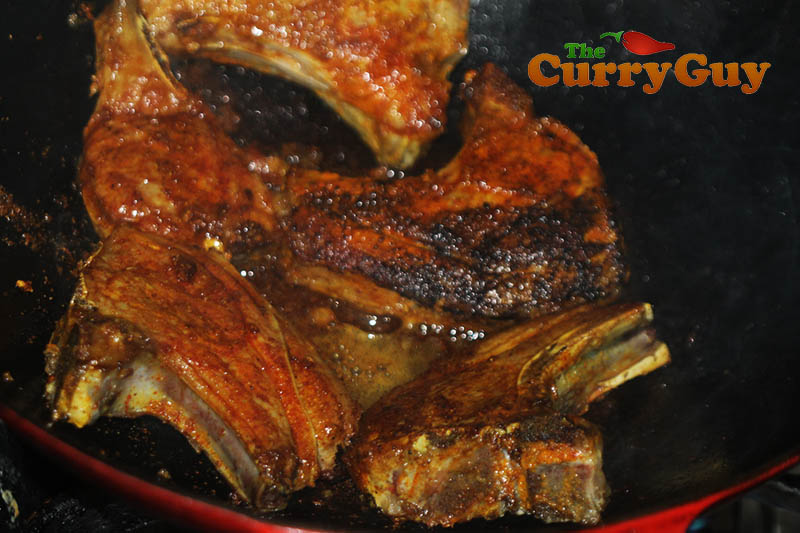 Pan frying meat for chana gosht