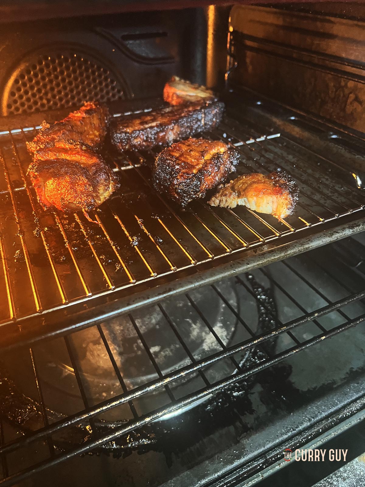 Roasting the pork belly slices.
