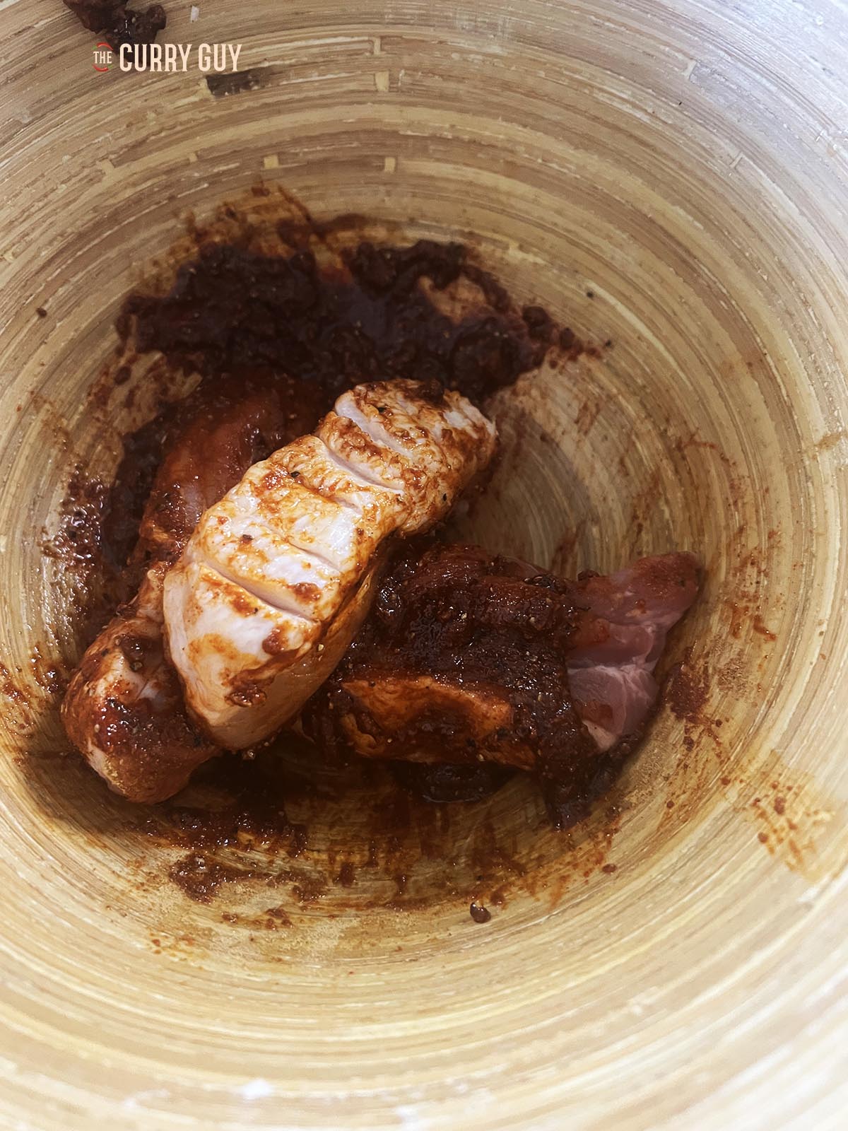 Pork belly in the marinade.