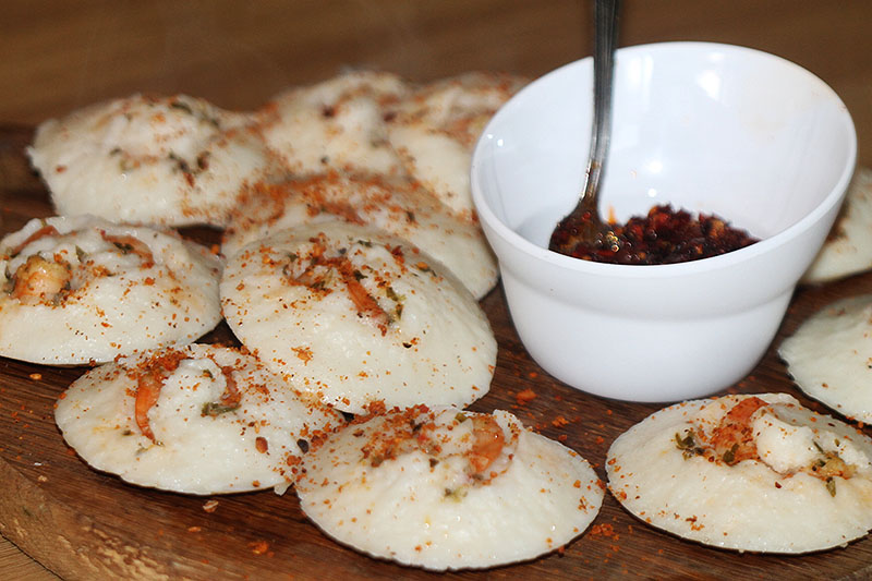 Indian restaurant style prawn Idlis