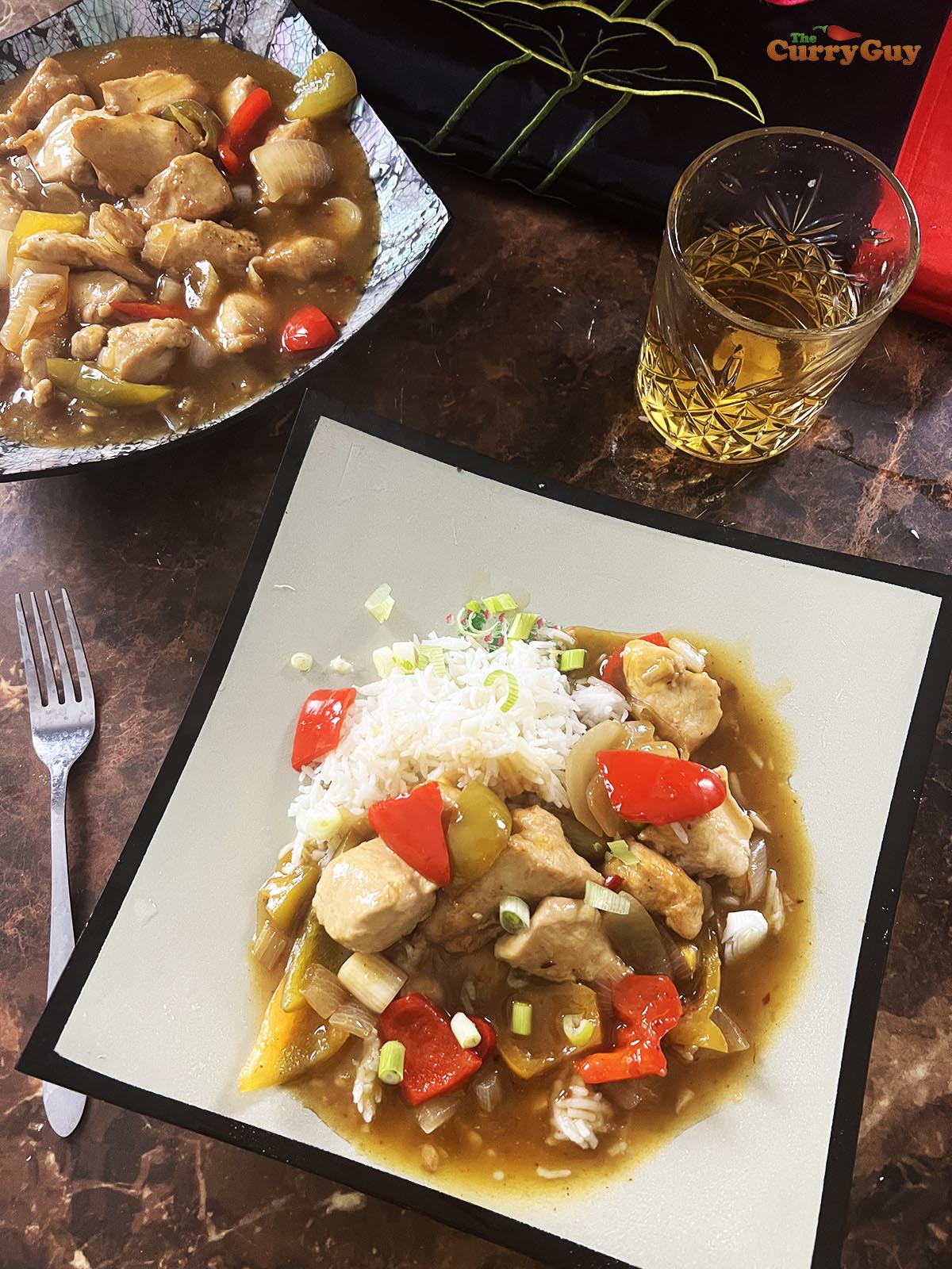 sweet and sour chicken served up. 