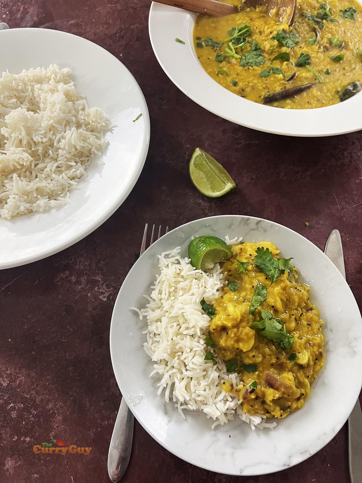 Masoor dal served over rice.