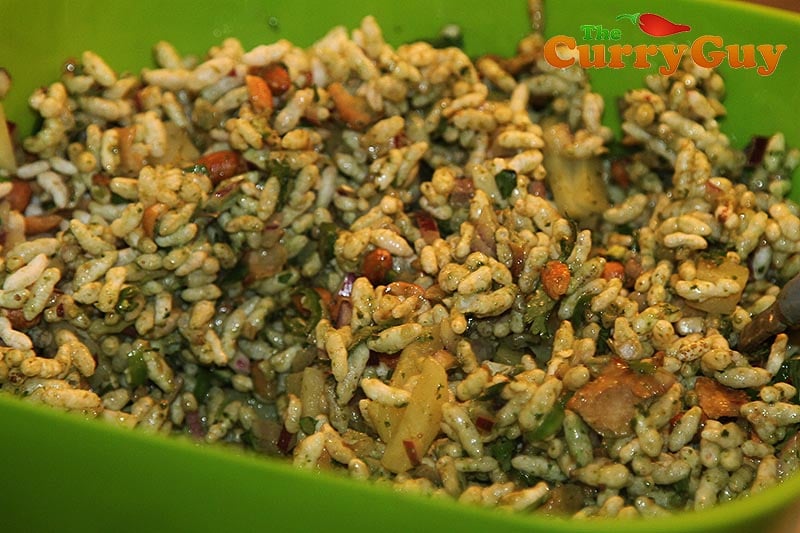 All of the bhel puri ingredients mixed up.