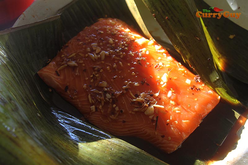 Salmon on banana leaf