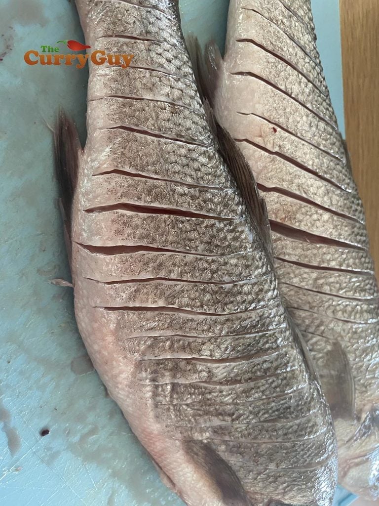 Prepping the sea bass for the grill