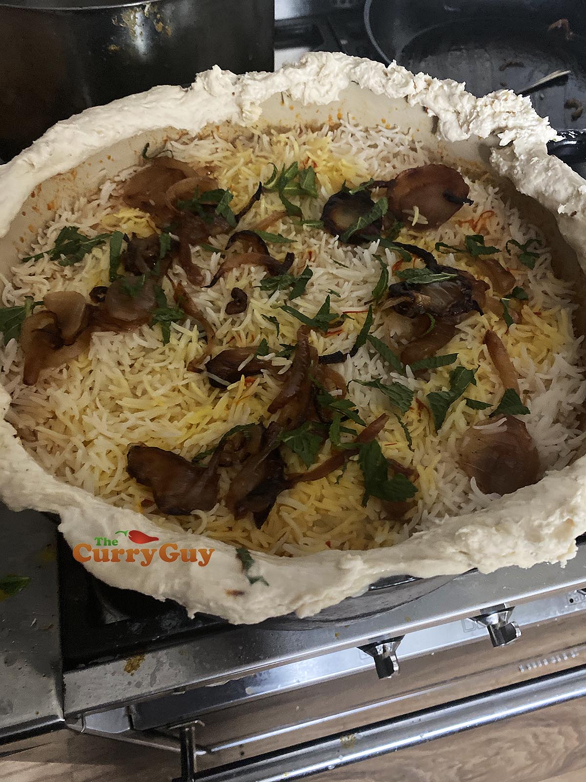 Top layer of biryani rice. 