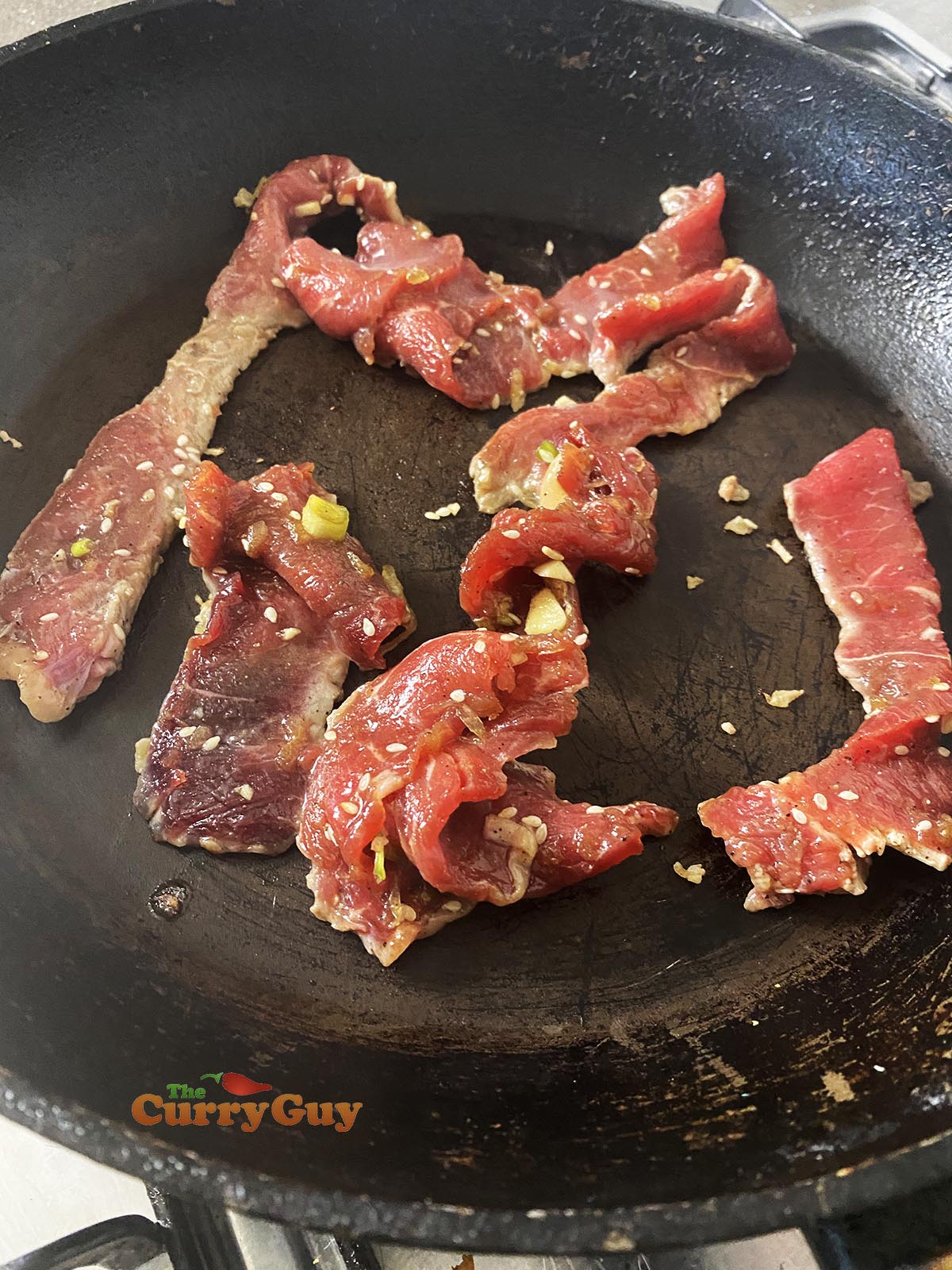 Frying beef strips for bulgogi