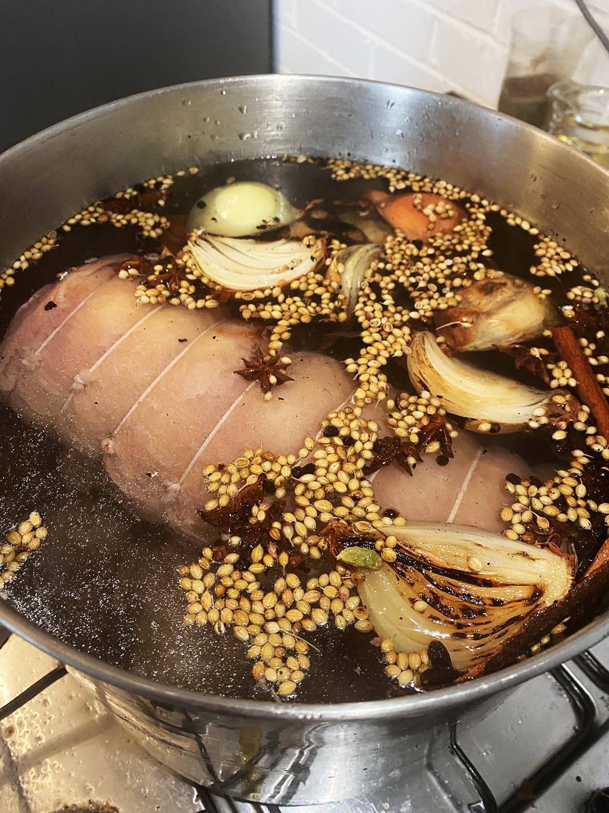 Simmering the beef pho stock