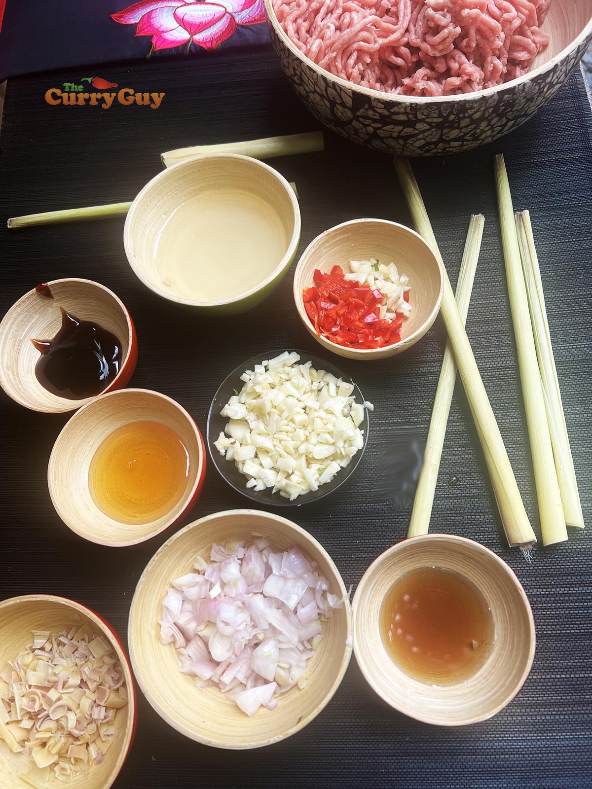 Ingredients for pork and lemongrass skewers