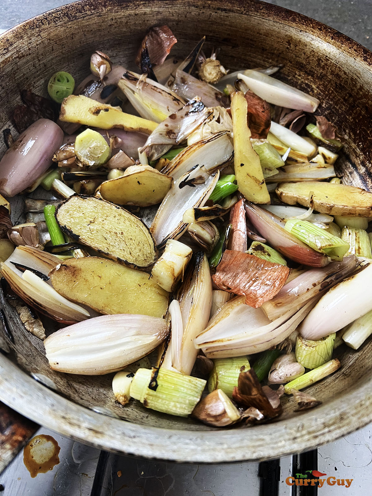 Charring vegetables for the tonkotsu broth