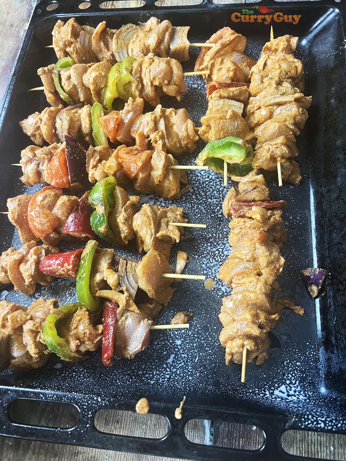 skewered chicken and vegetables.