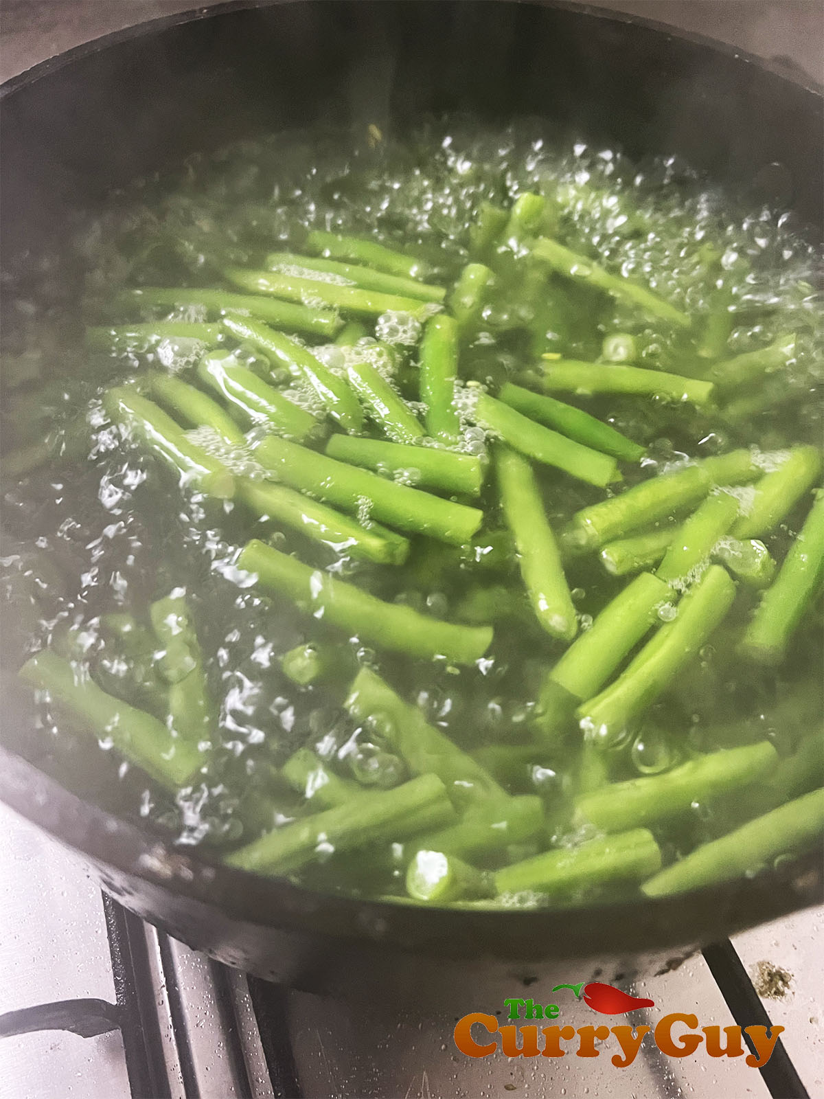 Blanching the beans.