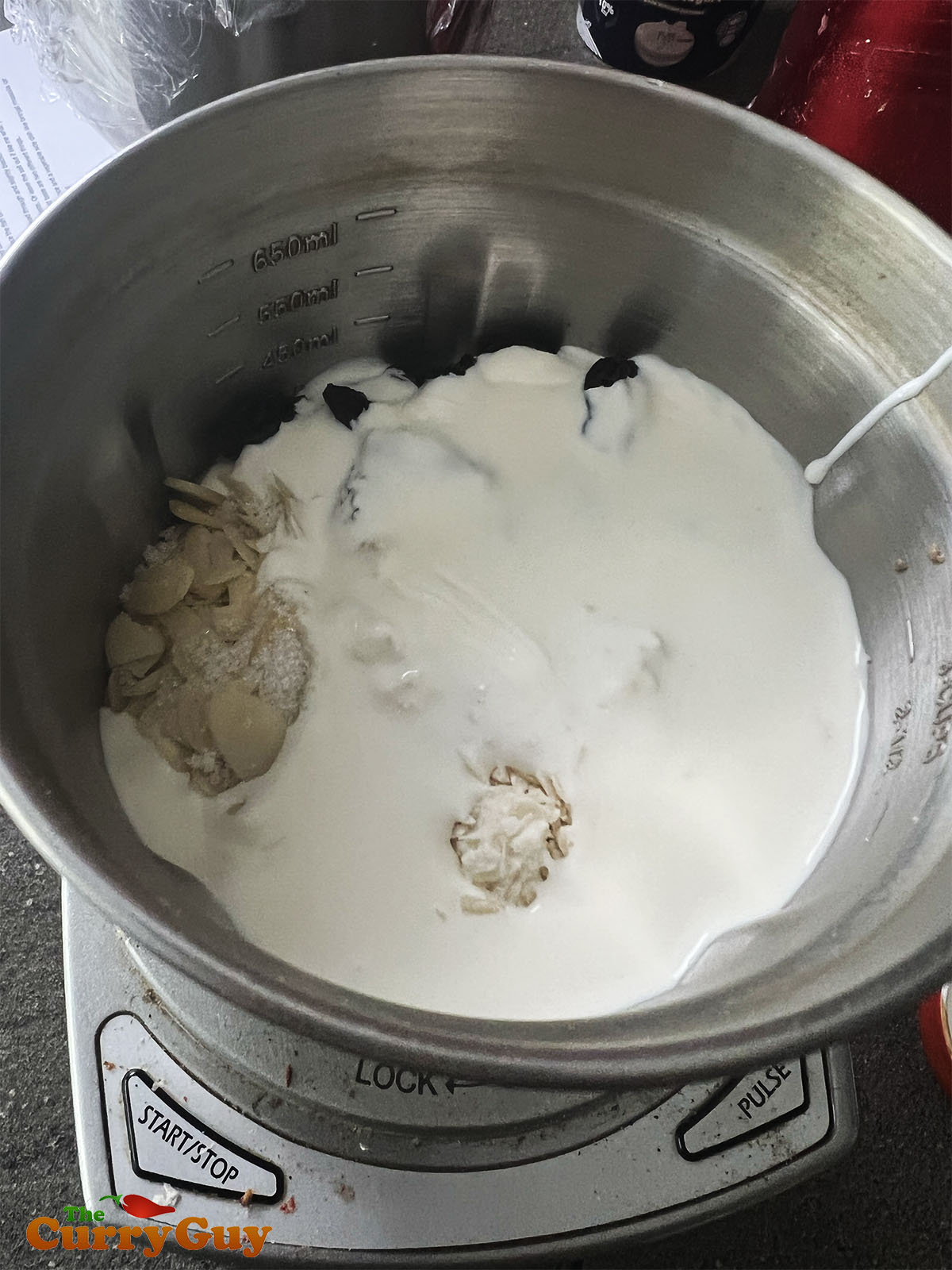 Preparing the Peshwari filling in a food processor.