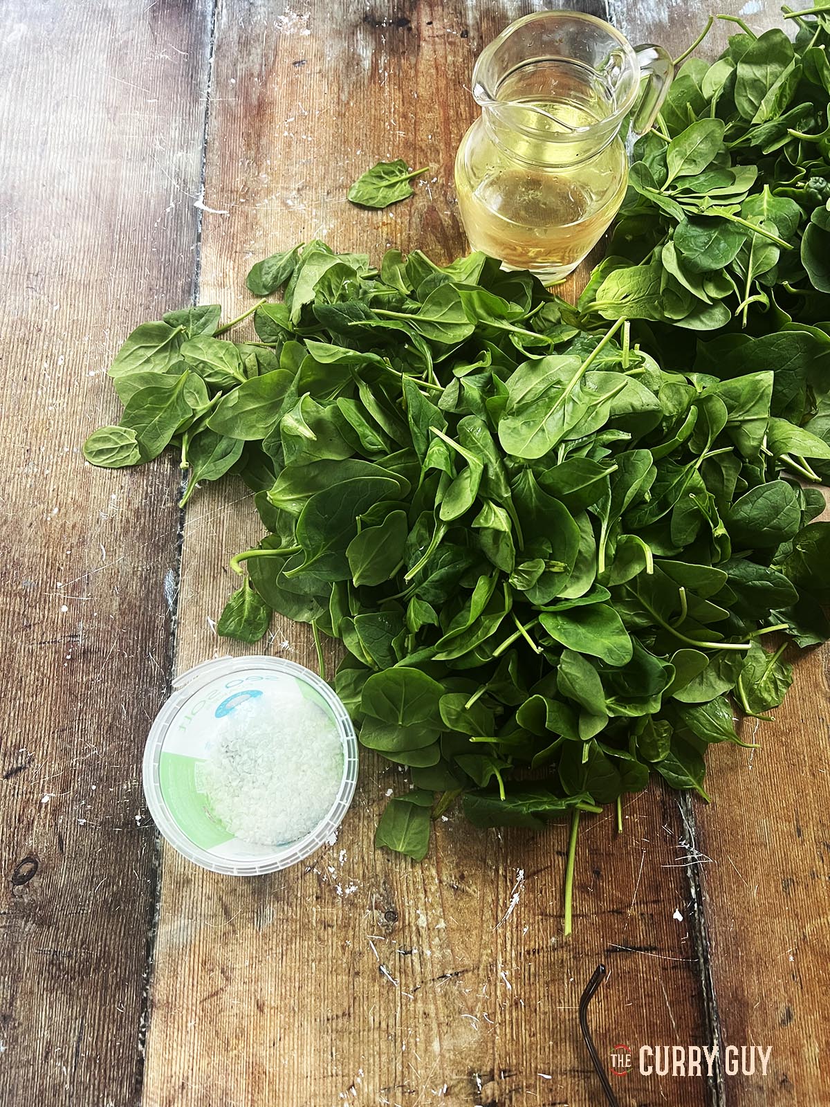 Washed and dried spinach.