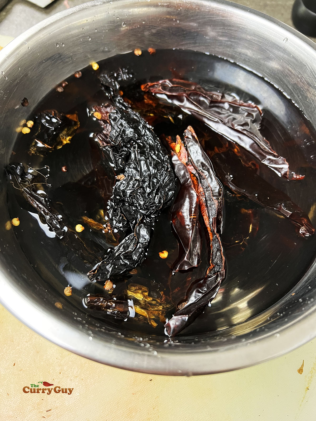 Soaking the toasted dry chilies