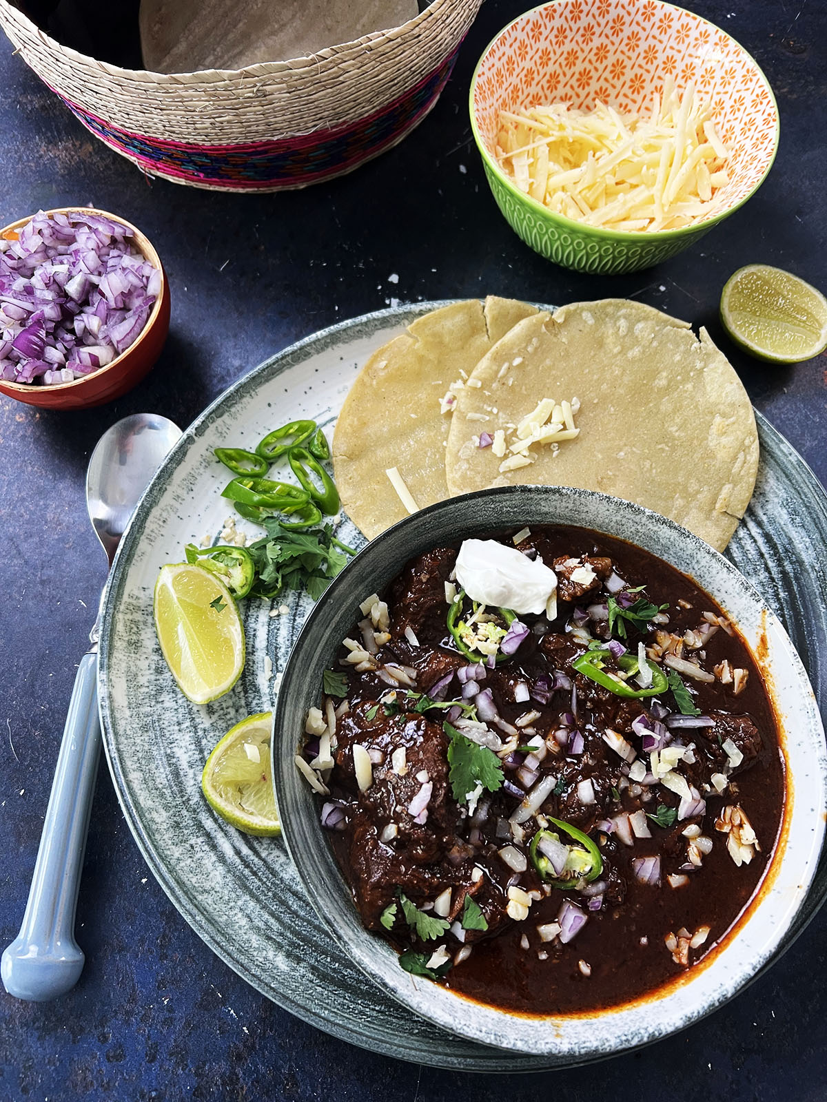 Texas chili with garnishes.