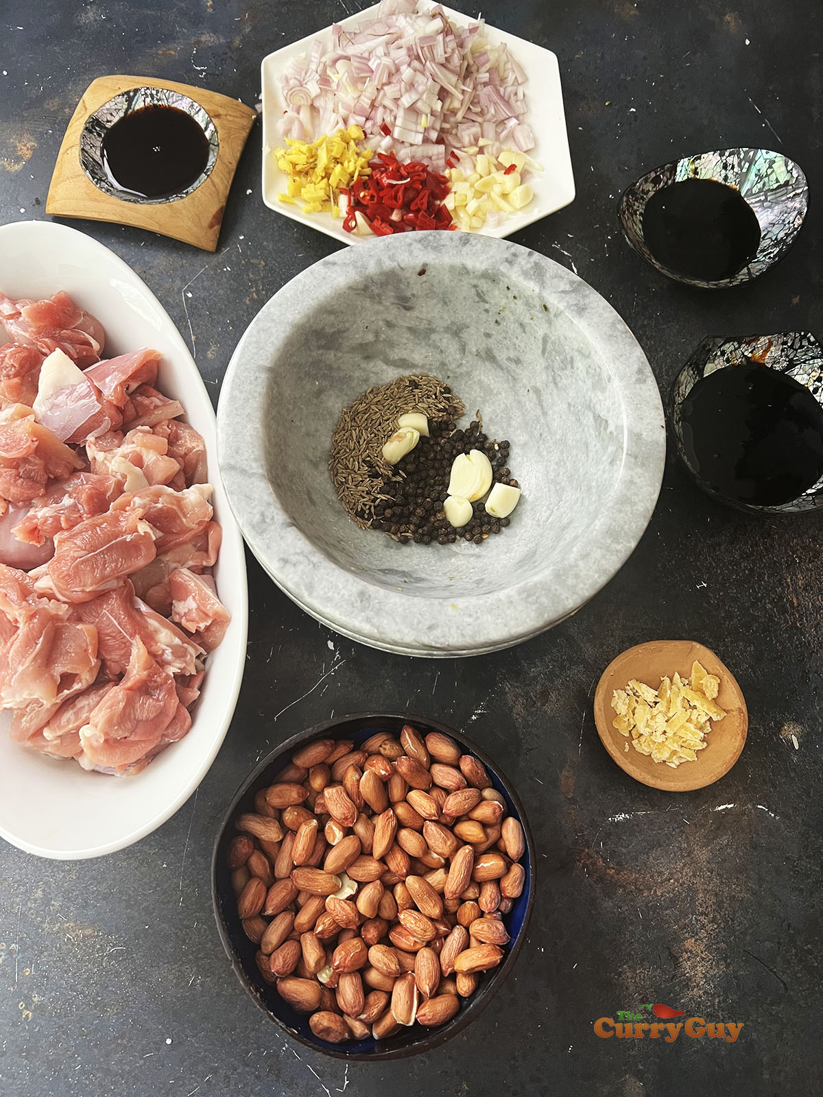 Ingredients for chicken satay with peanut sauce.