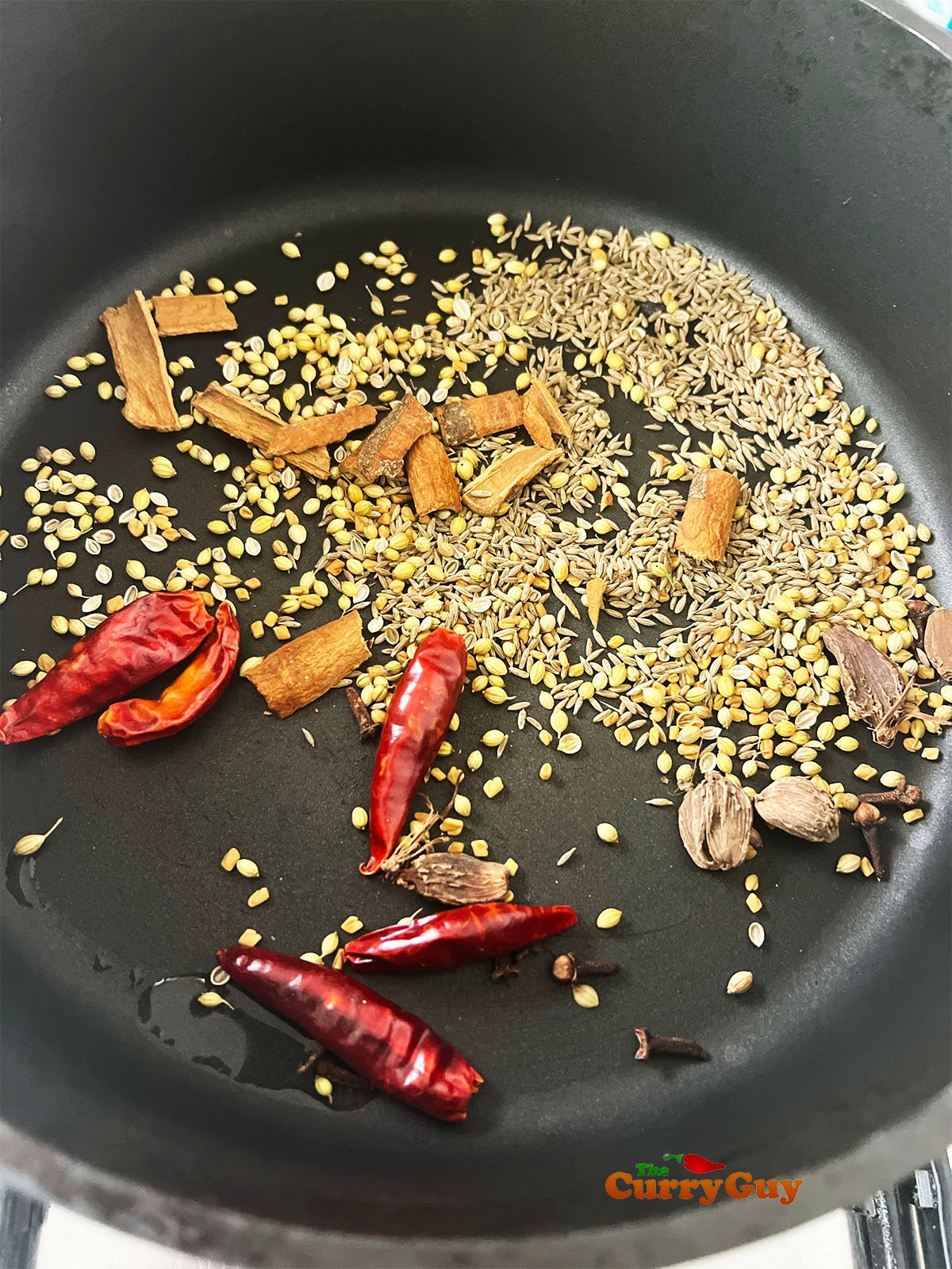 Toasting the spices for chicken vindaloo marinade.