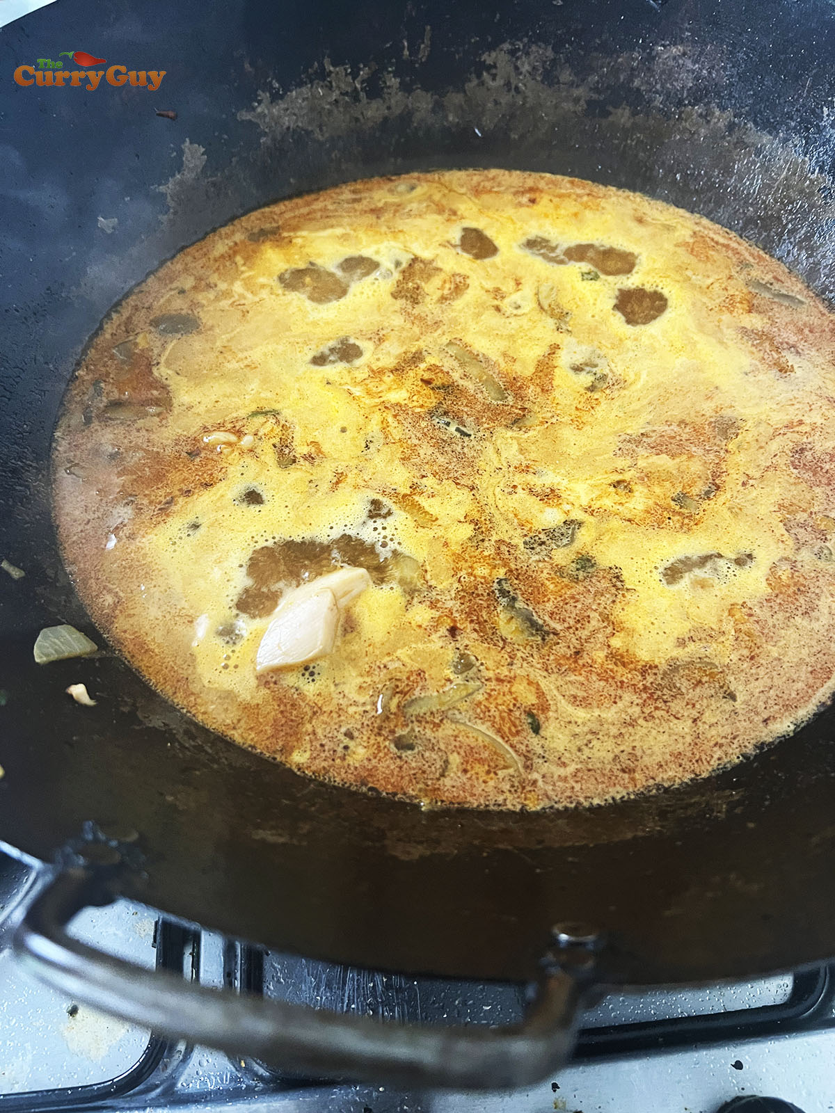 Simmering the Korean ramen broth.