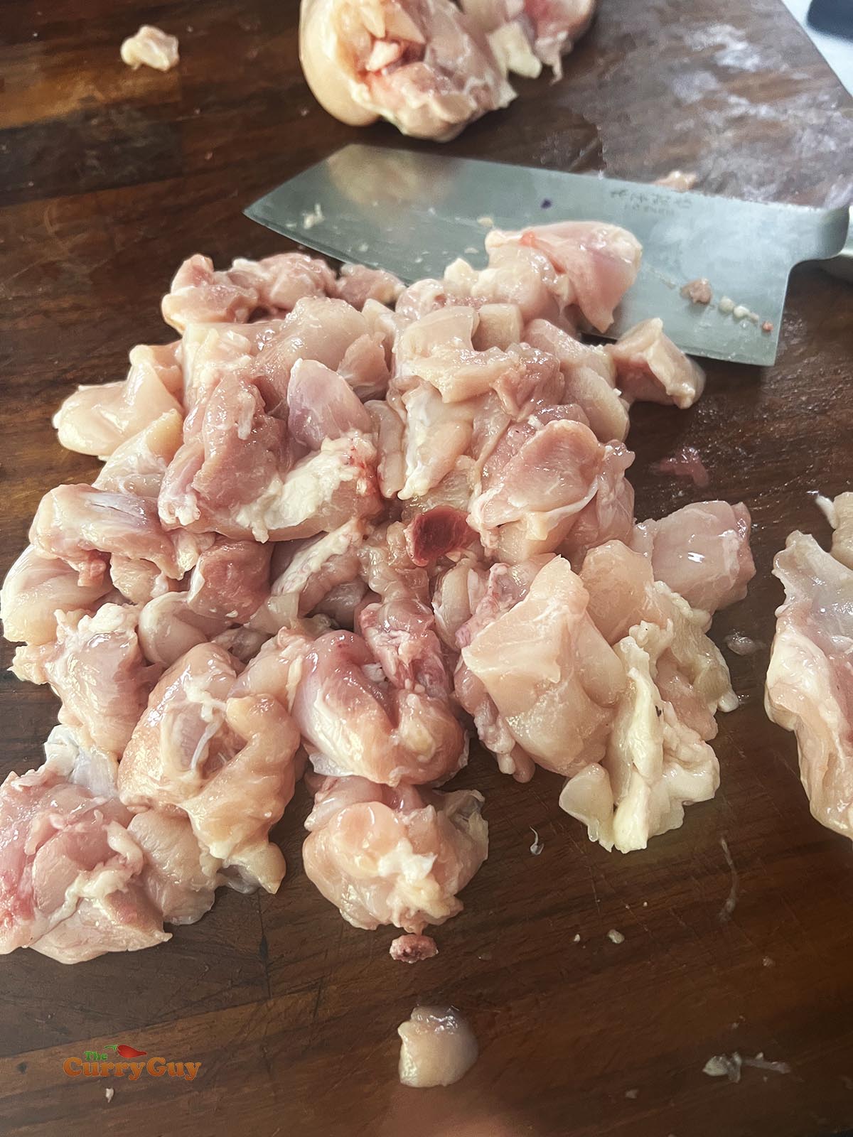 Chicken thighs cut into bite sized pieces.