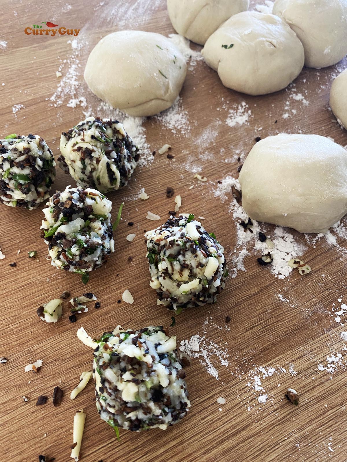 Dough balls and stuffing balls.