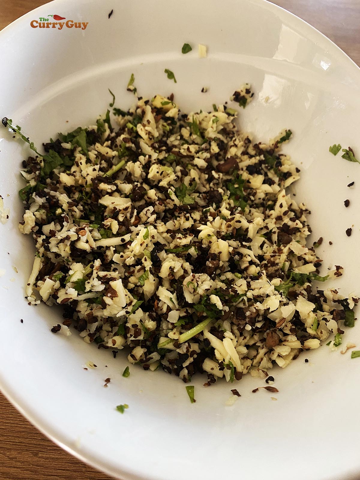 The stuffing ingredients mixed up and ready for forming into balls.