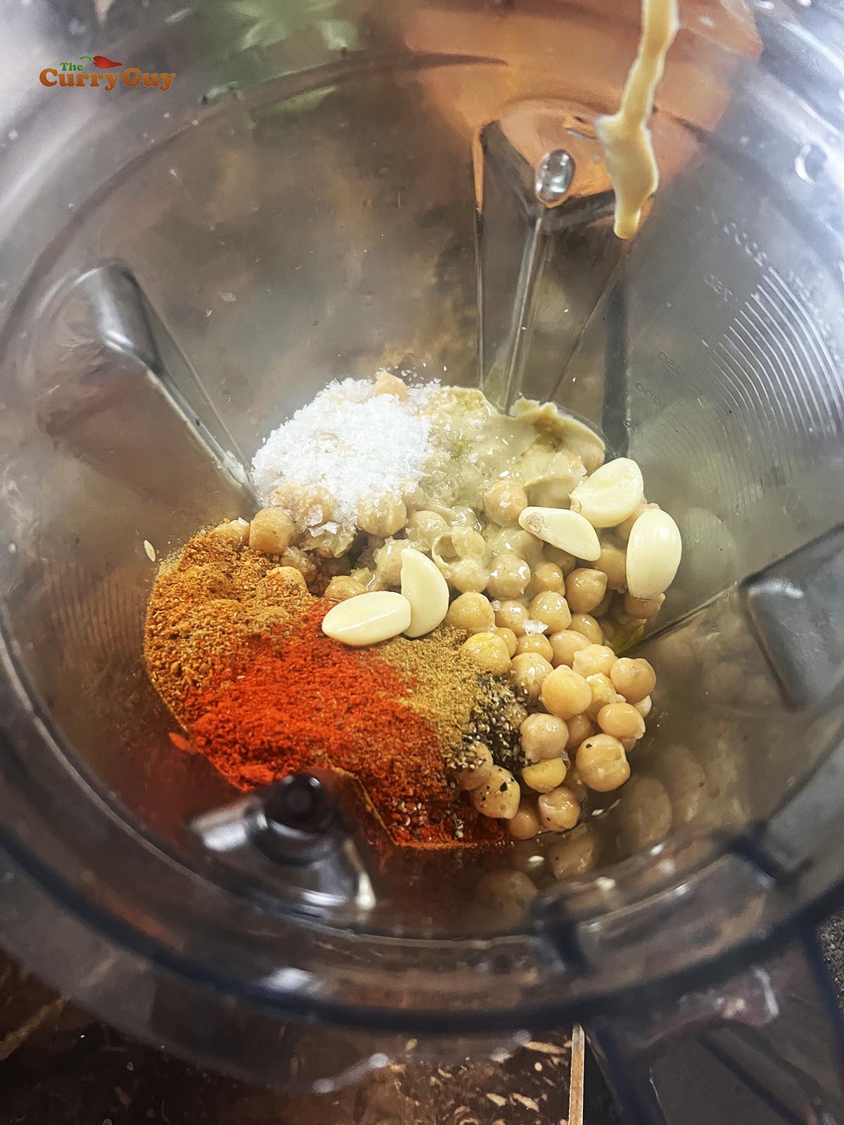 Blending the tandoori hummus ingredients.