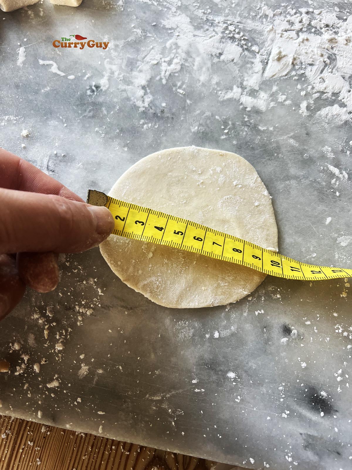 A rolled out potsticker wrapper.